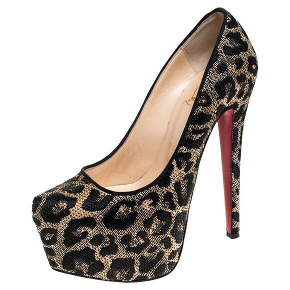 Christian Louboutin Two Tone Leopard Weave Raffia Daffodile Platform Pumps - Picture 1 of 4